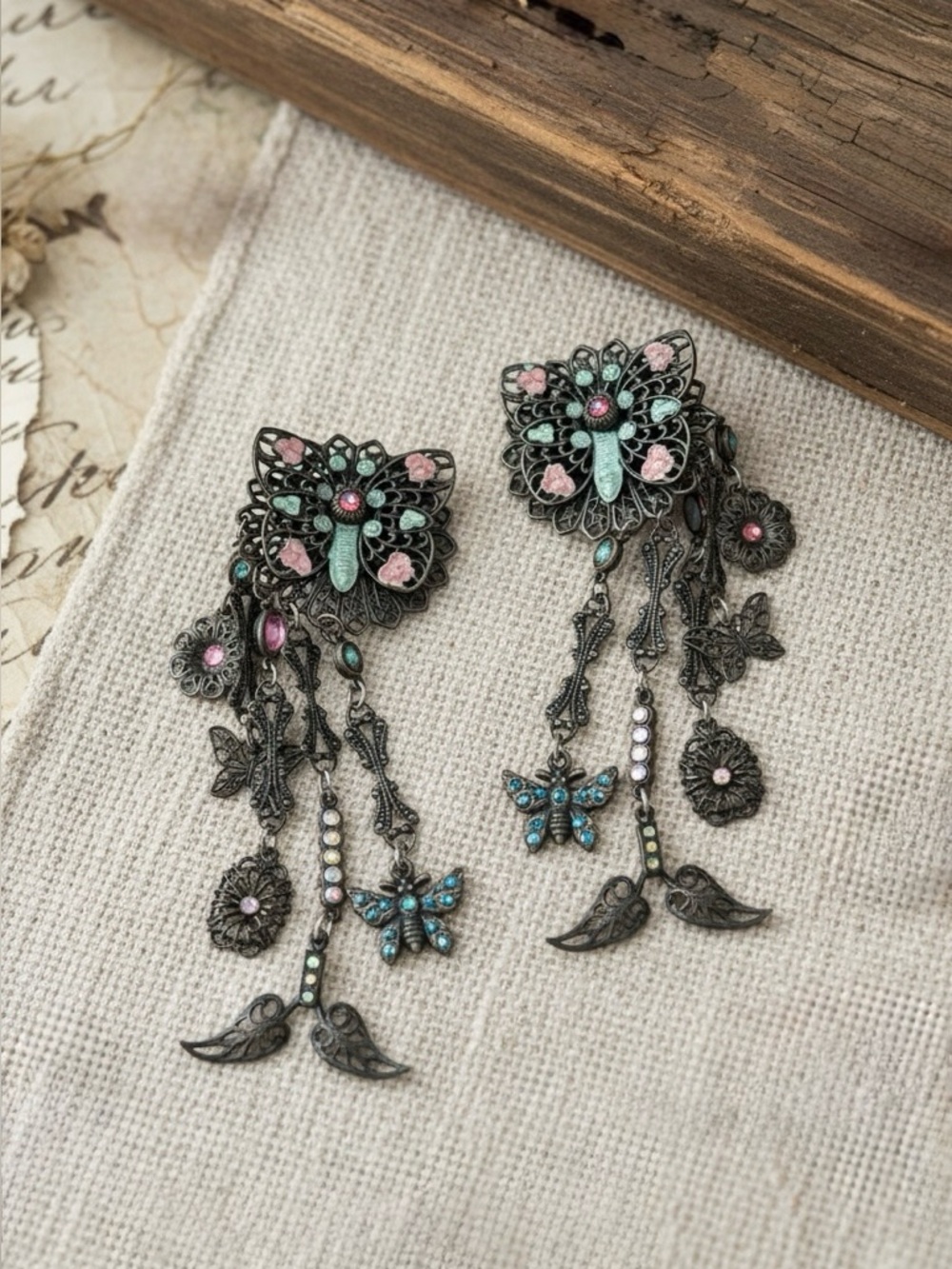 Banana Bob Swarovski Clip Earrings Vintage Filigree Butterfly Charm Dangle